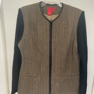 Burns Vintage Wool and leather Trim Black and Tan Herringbone zip Blazer